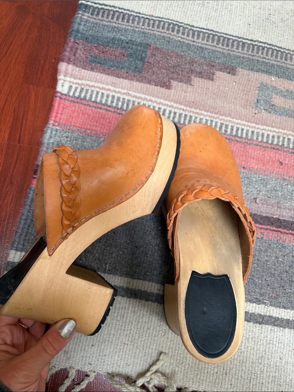 Swedish Hasbeens Braided Leather Clogs in Orange
